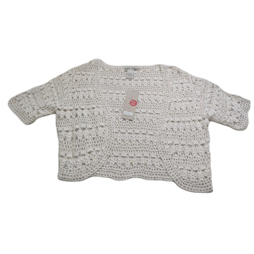 Nomadic Traders White Crochet Cardigan M Linen Cotton Boho Open Front Shrug